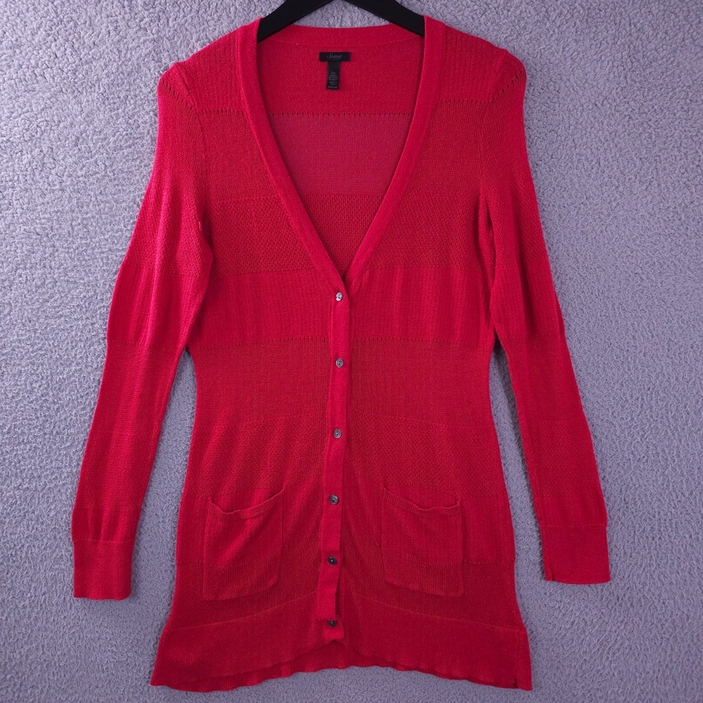 Soma Sweater Womens Medium Red Lightweight Button Up Long Cardigan Soft Knit
